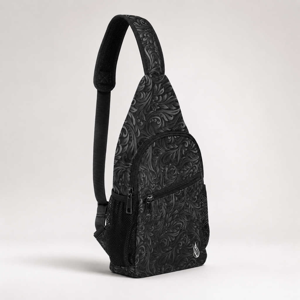 Black Filigree Cross Body Bag by Threyda