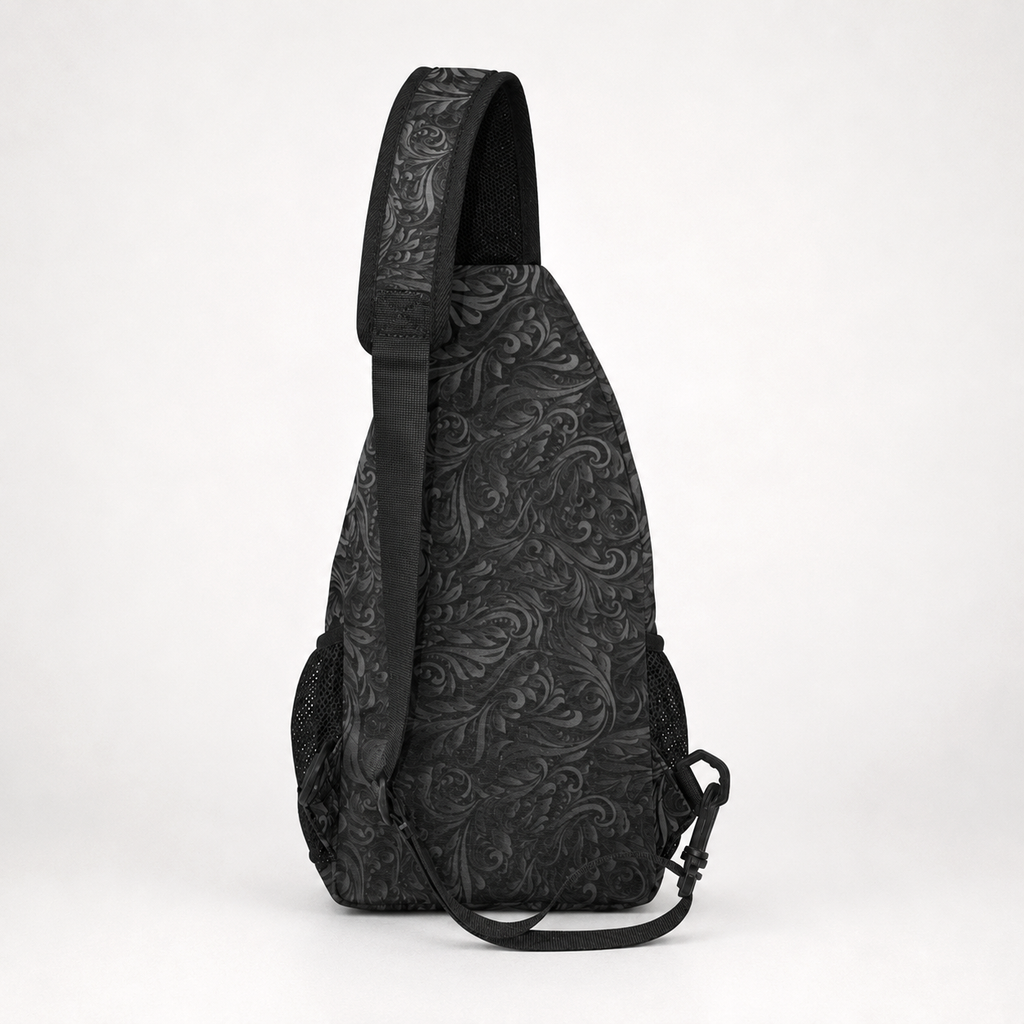 Black Filigree Cross Body Bag by Threyda