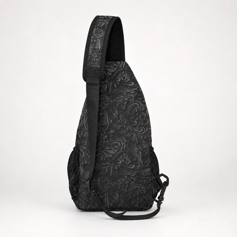 Black Filigree Cross Body Bag by Threyda